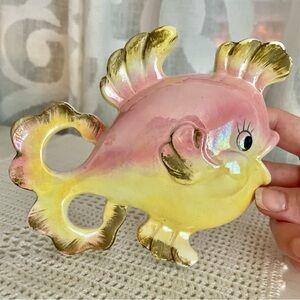 Vintage MCM Bradley Pink Yellow Lusterware Fish Wall Pocket Kitsch Iridescent